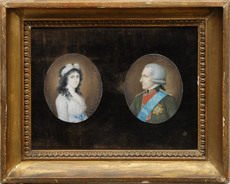 A pair of miniature portraits "Officer" and "Lady"