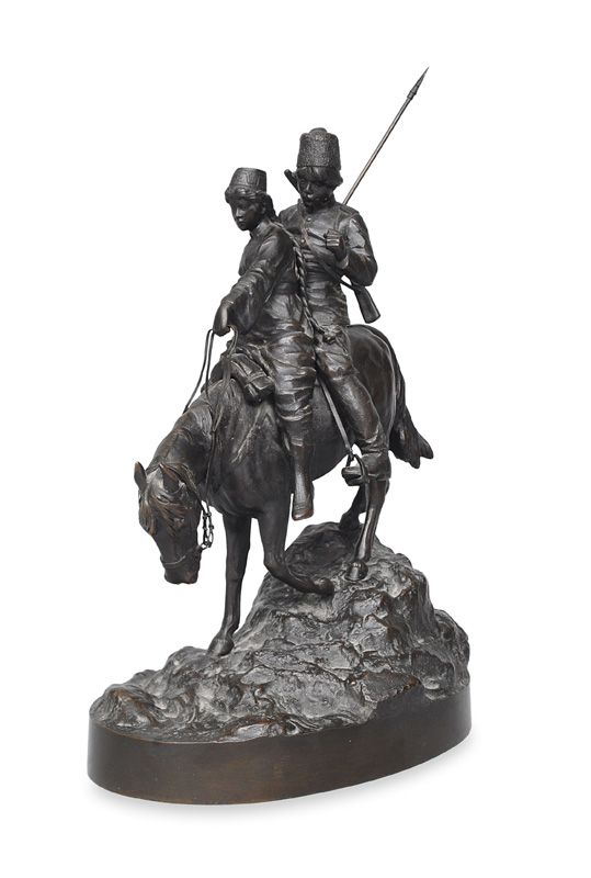 A bronze figure "Russian cossack couple on a horse"