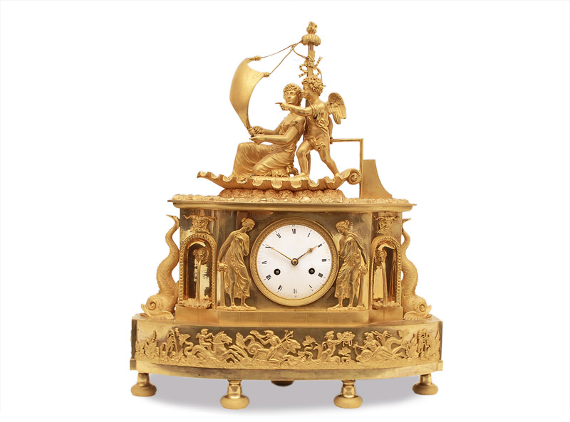A splendid and extraordinary Empire mantle clock with aphrodite and cupid