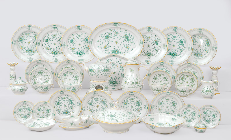 - A coffee, tea and dinner service "Indian green" with gold rim for 6-8 persons A coffee, tea and dinner service "Indian green" with gold rim for 6-8 persons