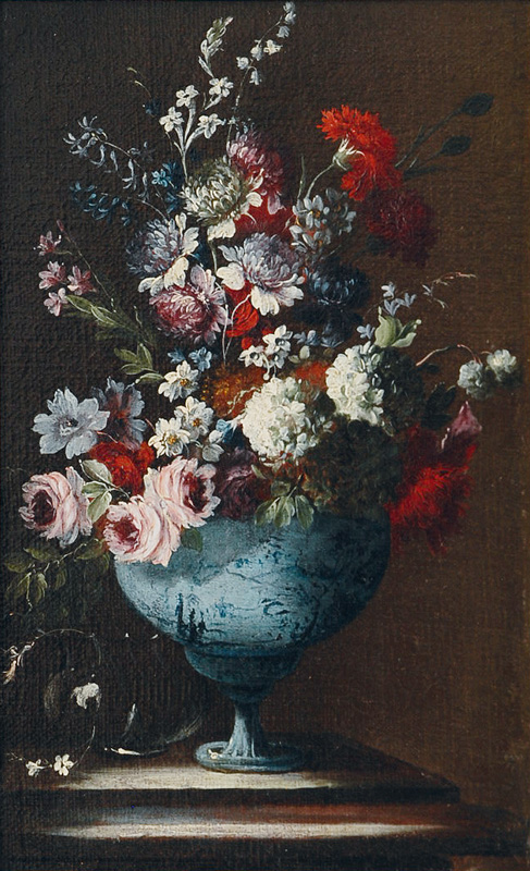 A Pair of Flower Still lifes in Faience Vases