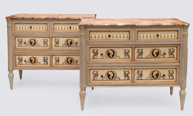 A Louis Seize chest of drawers with ornaments of sphinges and pharaohs