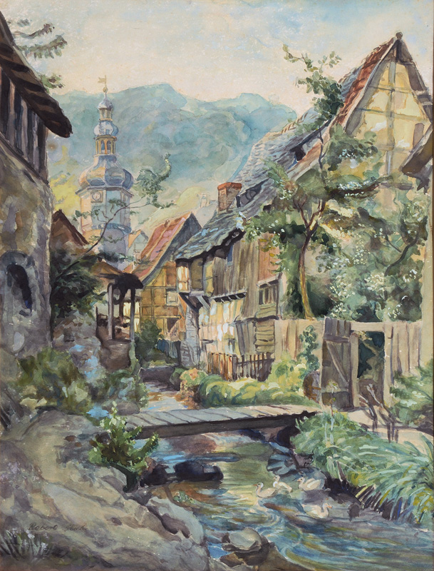 Alpendorf mit einem Bach