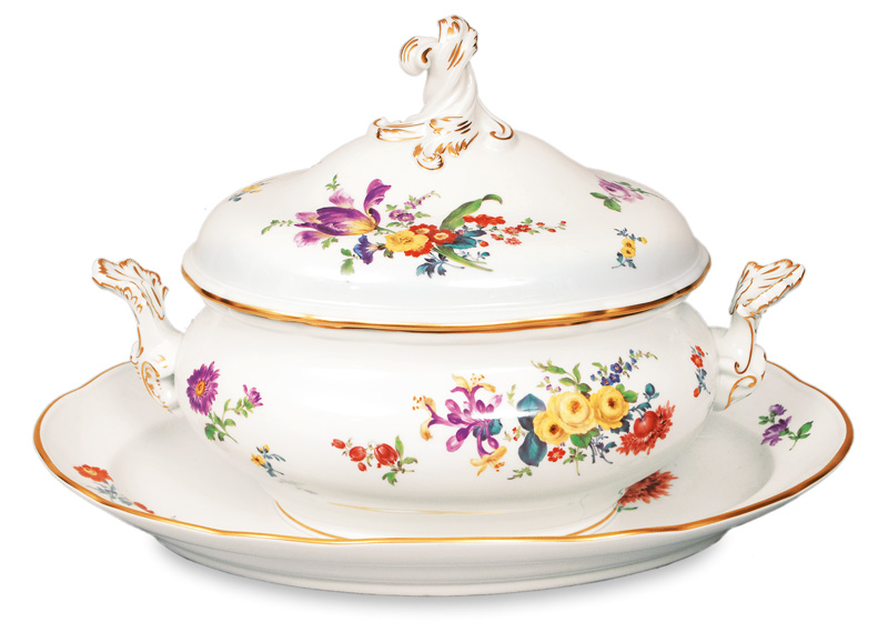 A tureen with cover on salver with rich flower painting