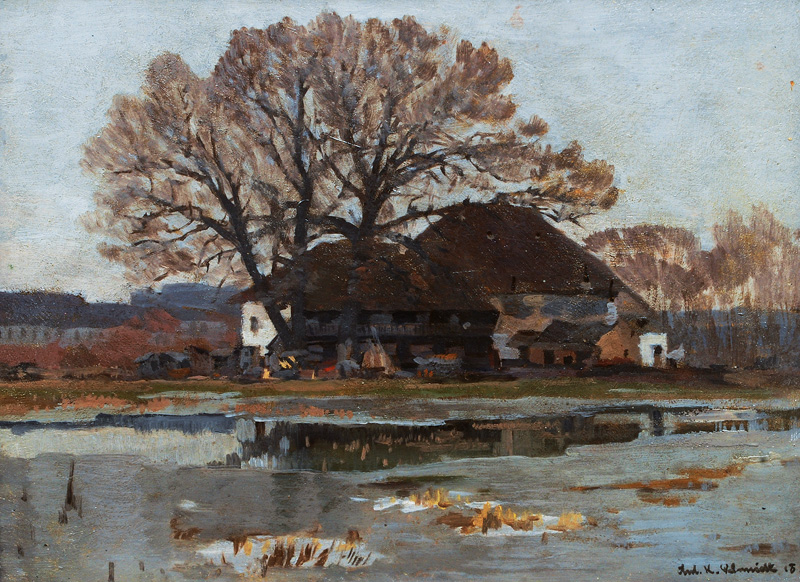 Anton Konrad Schmidt - Farmyard by a Pond Farmyard by a Pond