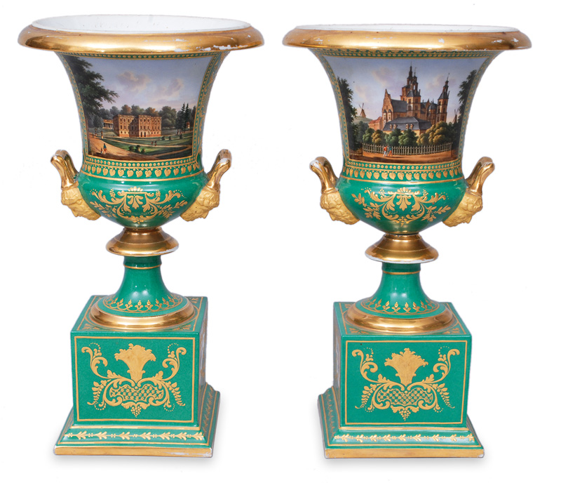 A pair of green vases with views of danish castles