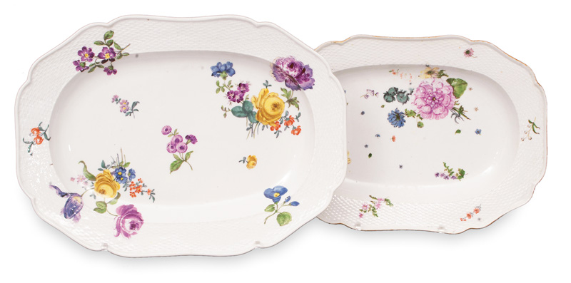 - A pair of differend long platter with flower painting and Basket relief A pair of differend long platter with flower painting and Basket relief