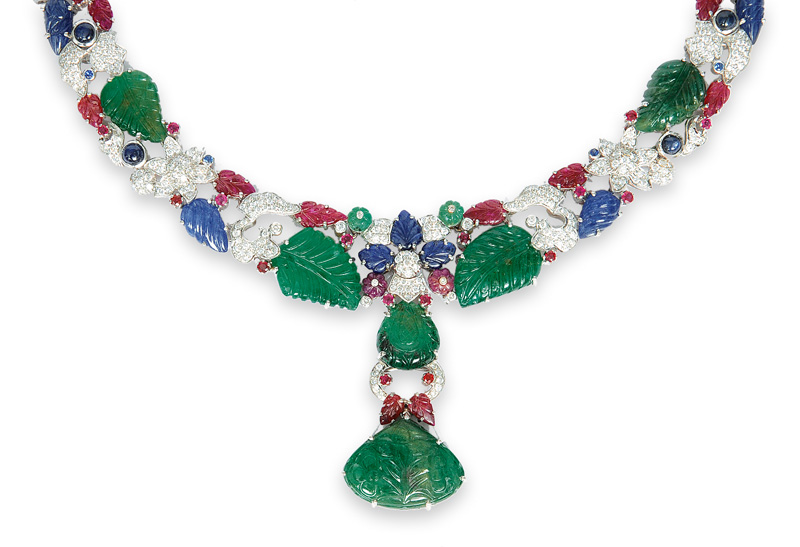 A rare sapphire, ruby and emerald necklace with diamonds