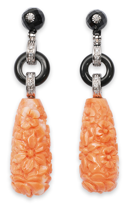 A pair of coral onyx earpendants