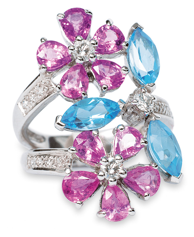 A flowershaped ring sapphires, topazes and diamonds