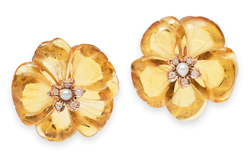 A pair of flowershaped citrine earrings