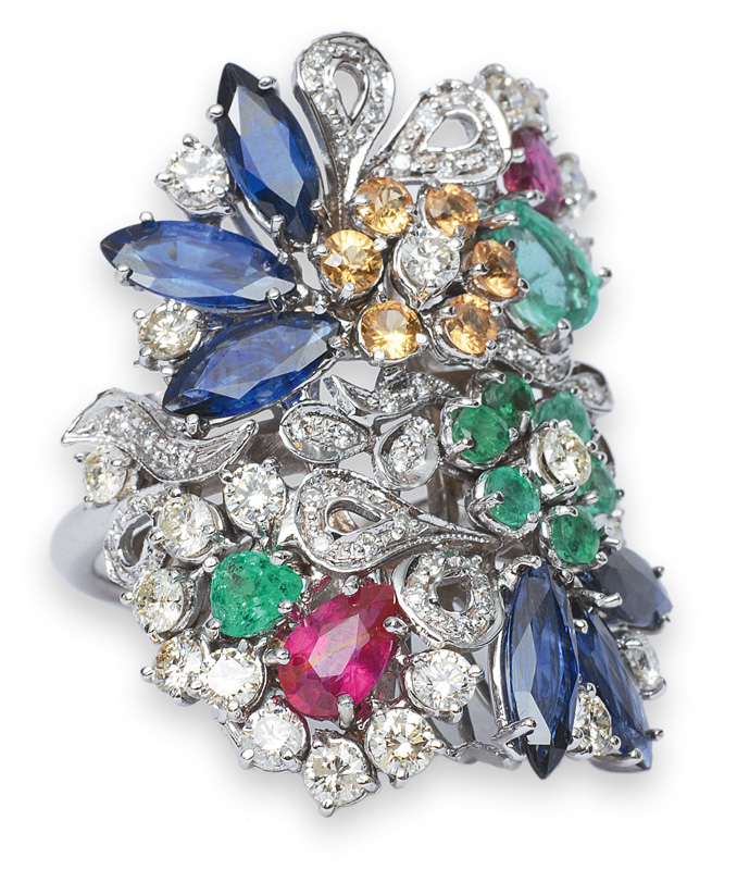 A flowershaped ring with coloured stones and diamonds