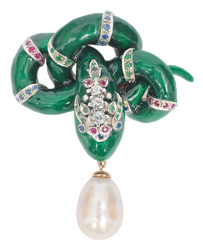 A splendid pendant "Snake" with Southsea pearl, rubies, sapphires and diamonds