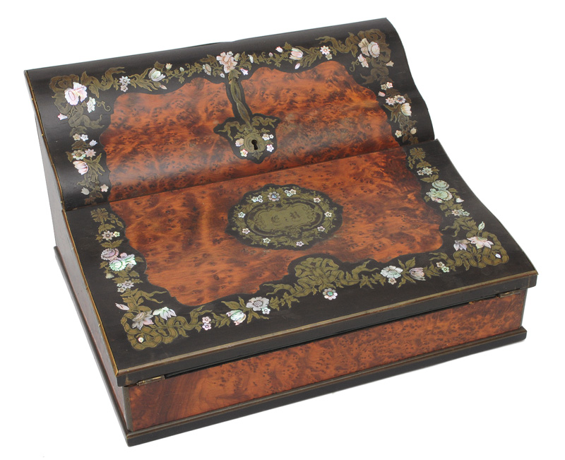 A Napoleon III writing casket with floral nacreous marqueterie