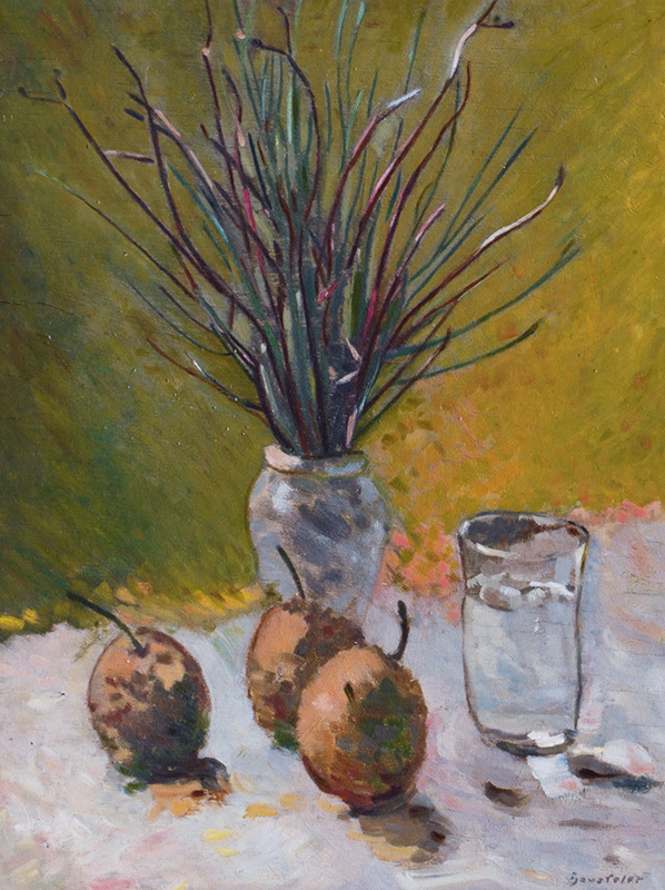 Stilleben mit Birnen und Zweigen in einer Vase