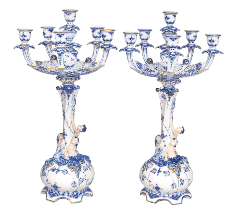 A pair of rare candelabras "Blue fluted full lace" and gilding