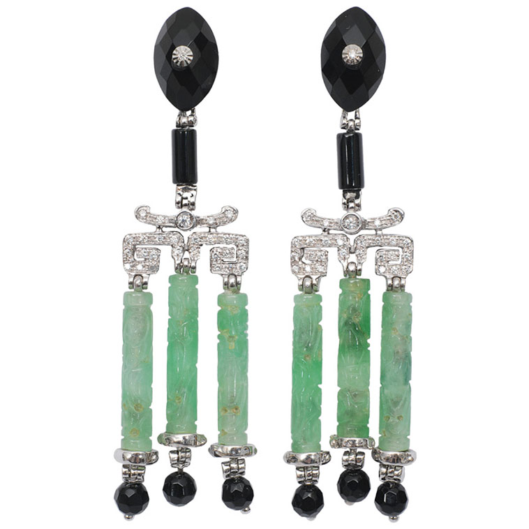 A pair of jade onyx earpendants in the style of Art-déco