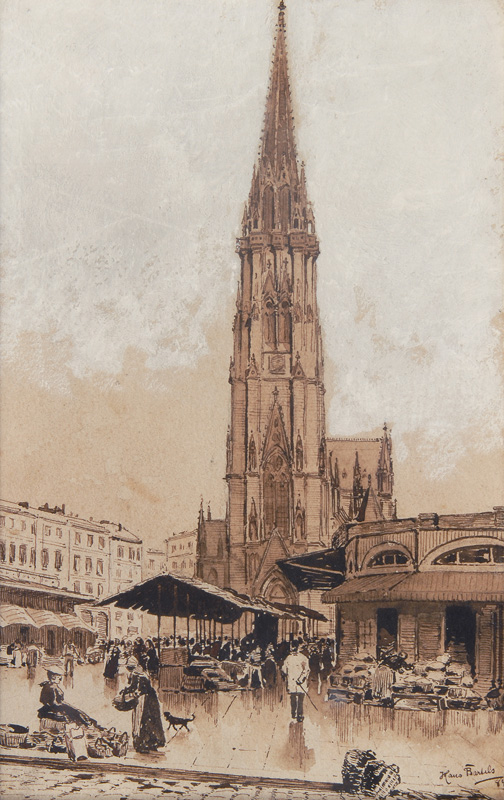 Market in front of St. Nicholas" Church in Hamburg