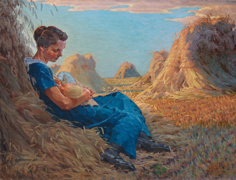 Mutter mit ihrem Säugling im Getreidefeld