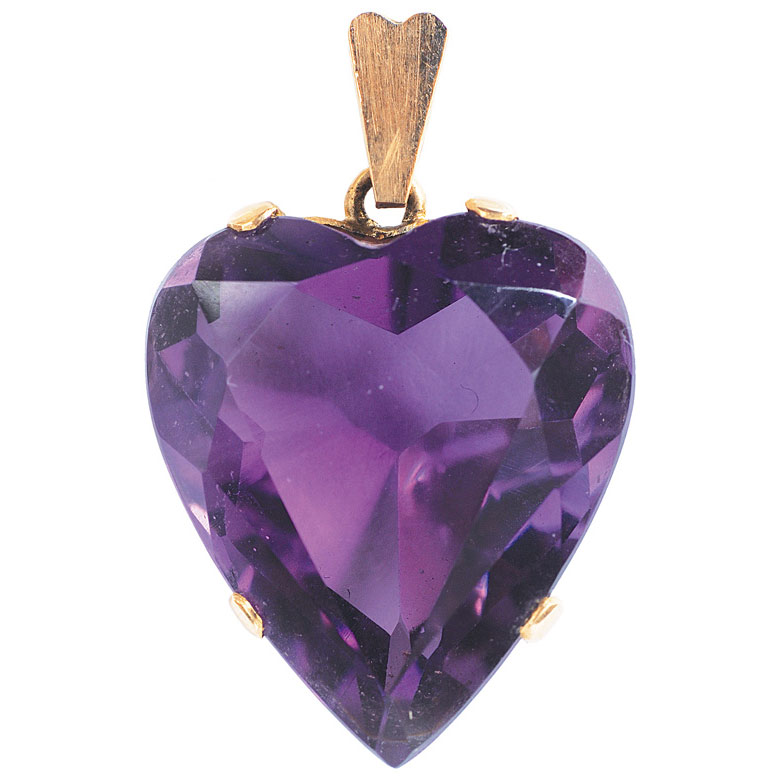 A large amethyst pendant in the shape of a heart
