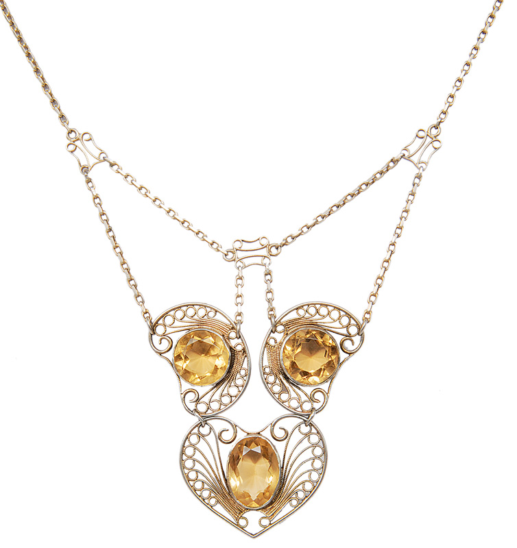 A filigree citrine necklace in the style of Theodor Fahrner