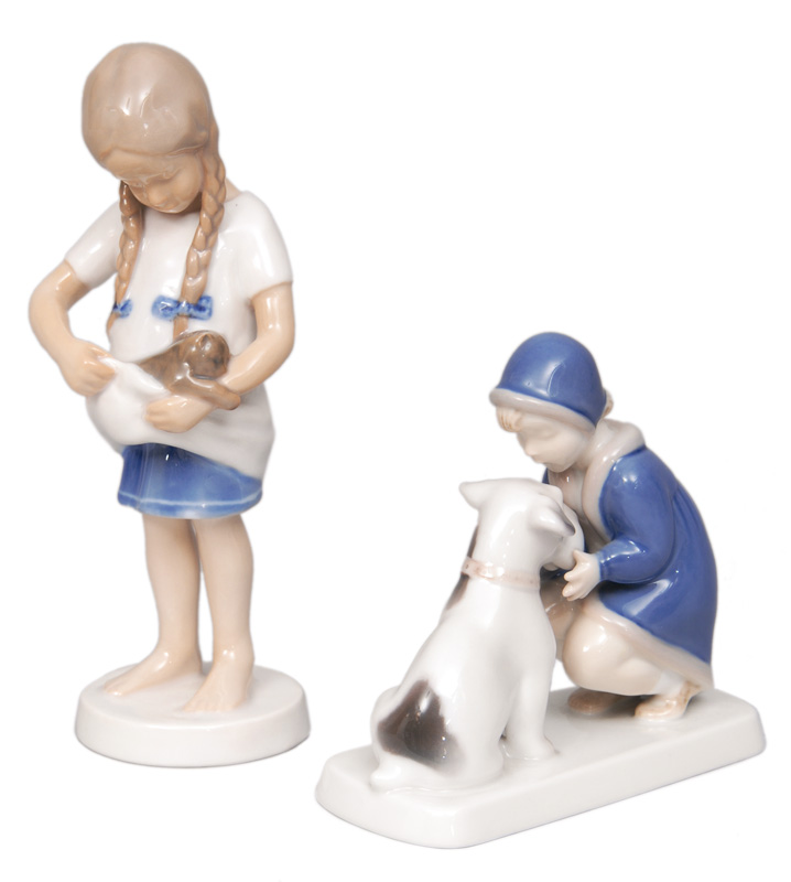 A pair of figurines "Girl with cat" and "Girl with fox terrier"