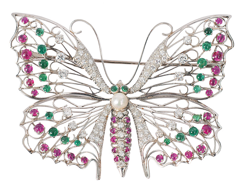 A fine diamond ruby emerald brooch "Butterfly"