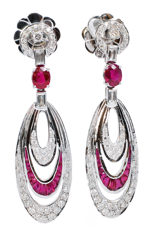 A pair of modern diamond ruby earpendants