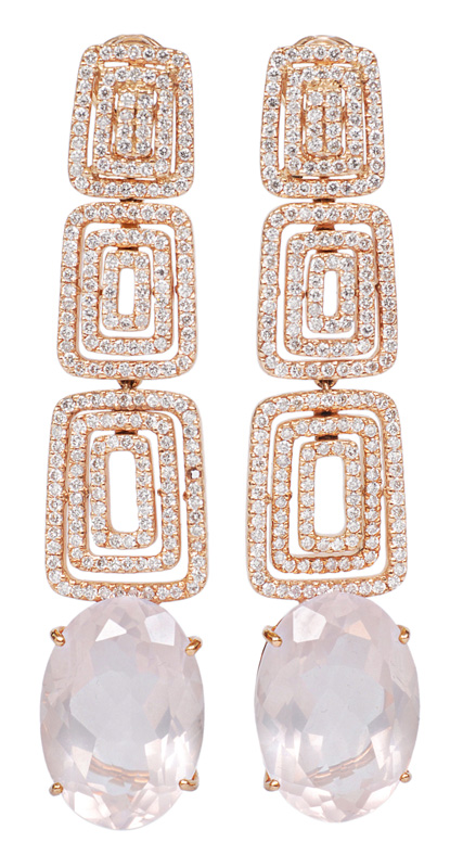 A pair of fine diamond rosequartz earpendants