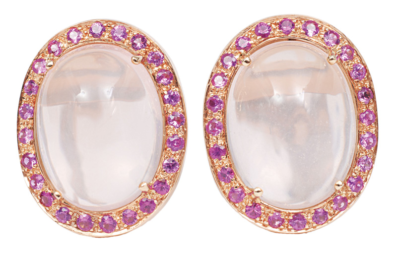 A pair of rosequartz earrings with pink sapphires