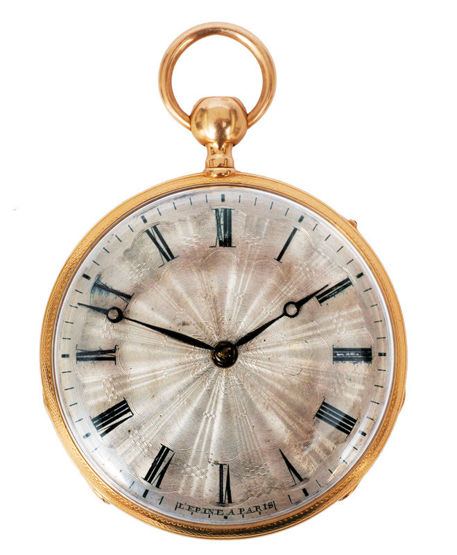 An elegant open-face pocket watch with hammer mechanism