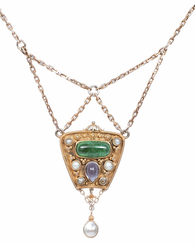 Jugendstil-Collier mit Turmalin und Perlen