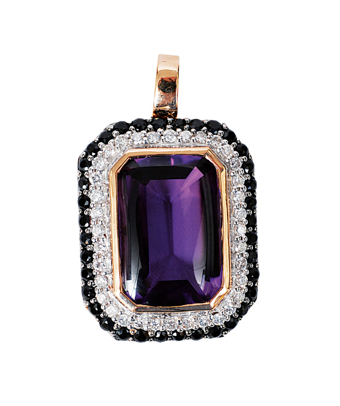 An amethyst pendant with sapphires and diamonds