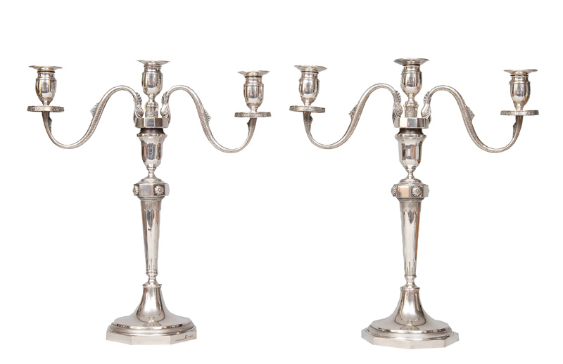 A rare pair of Empire candelabras with dolphin decoration