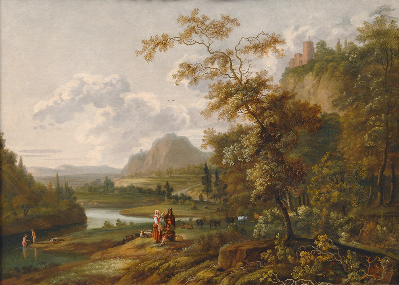 River Scenery with a Castle and Shepherds