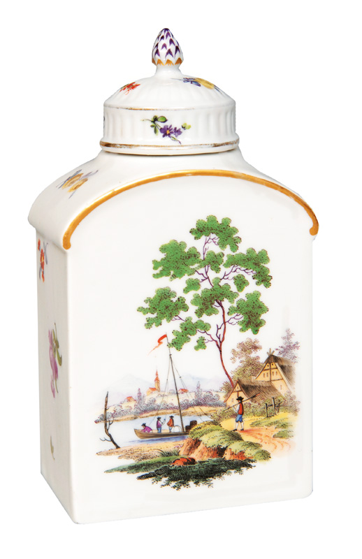 A tea caddy with river landscape