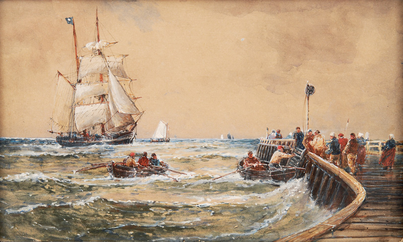 Marinemaler, tätig um 1900 - Companion Pieces: Incoming Tall Ship and Tug Boat with Sailing Ship Companion Pieces: Incoming Tall Ship and Tug Boat with Sailing Ship