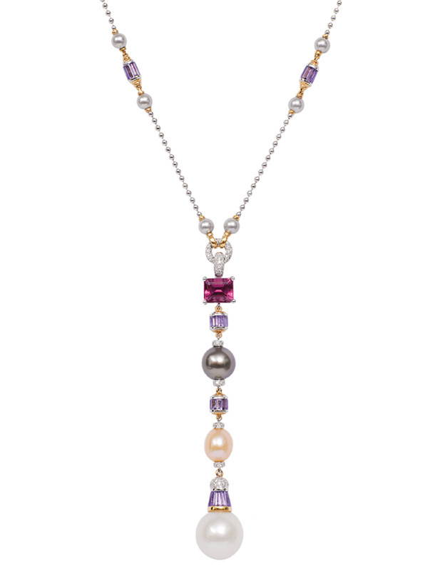 An amethyst rubelith pearl necklace with pendant and matching earpendants
