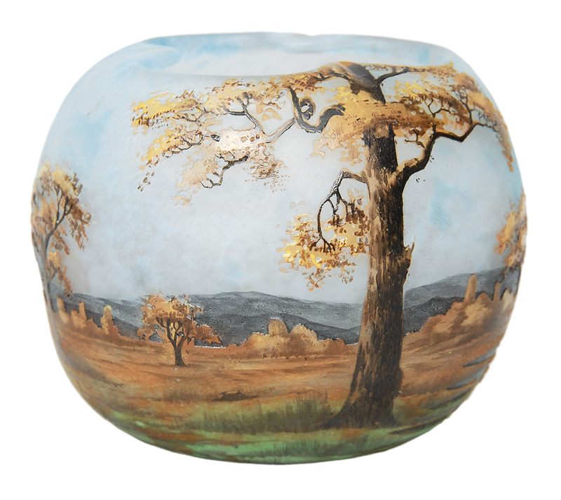 A spherical vase with painting of a landscape