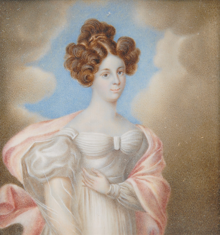 A miniature "Portrait of a young lady with pink scarf before cloudy background"