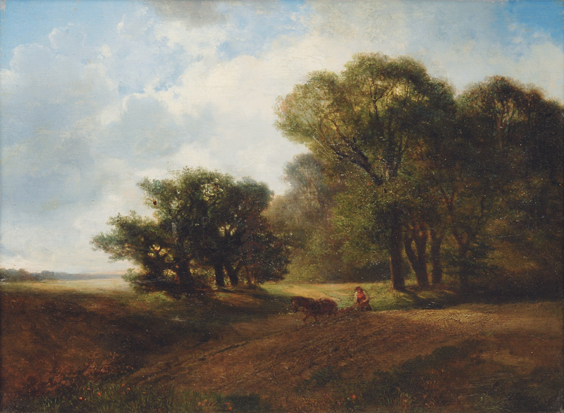 Landschaft mit pflügendem Bauer