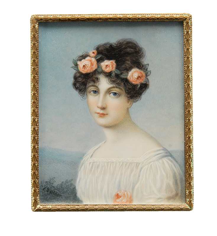 A miniature "portrait of a darkhaired young lady with roses in her hair bevor a 