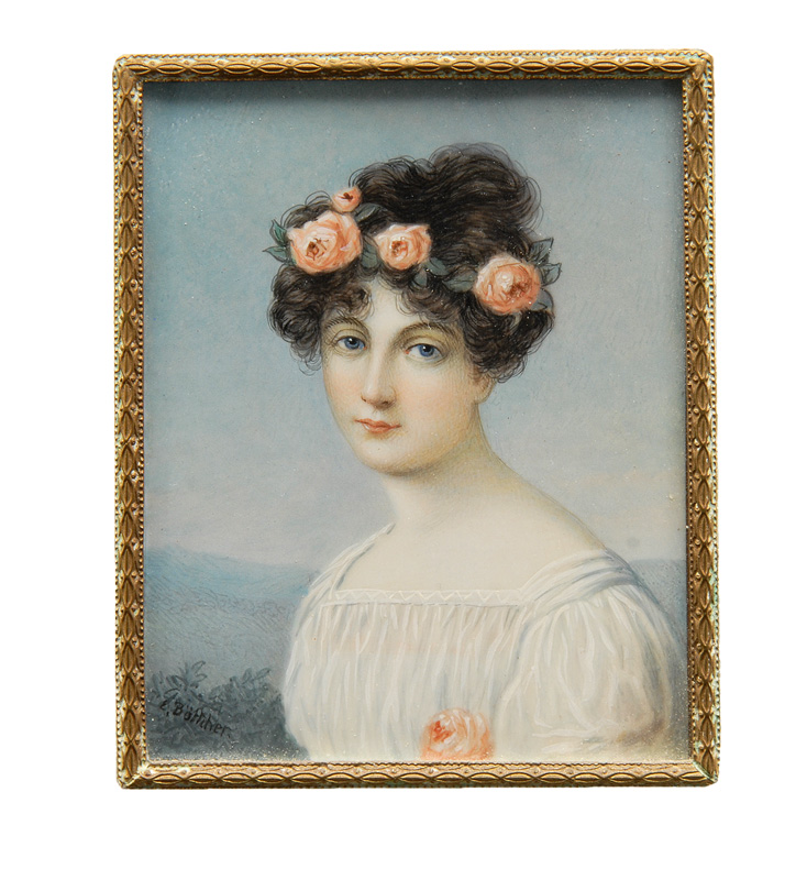 - A miniature "portrait of a darkhaired young lady with roses in her hair bevor a A miniature "portrait of a darkhaired young lady with roses in her hair bevor a