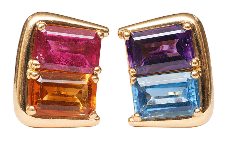 A colourful pair of gemstone ear clips by Wilm