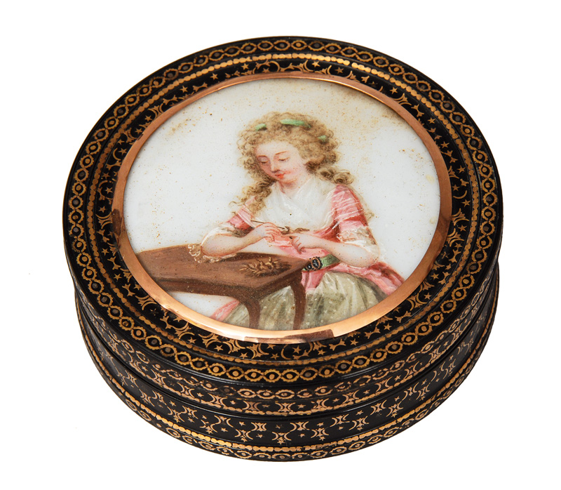 A Vernis Martin box with miniature "Young Rococo lady"