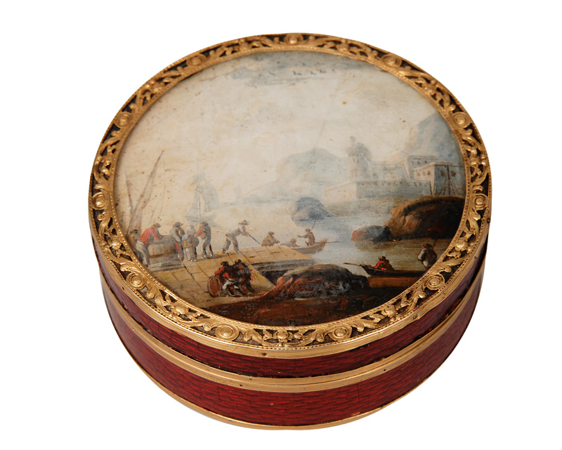 A Vernis Martin box with italian harbour scene