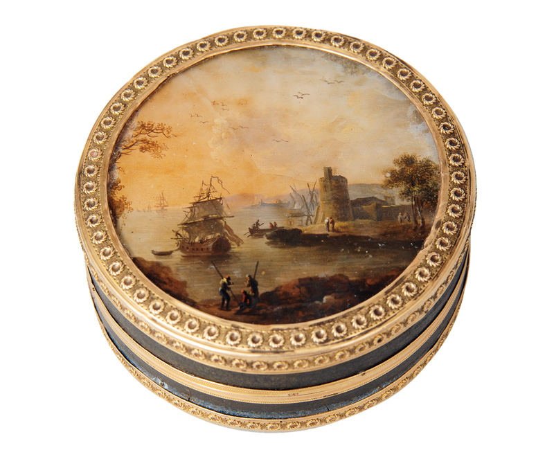 A Vernis Martin box with harbour and genre szene