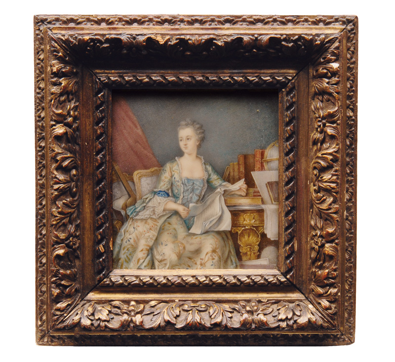 A noble miniature "Portrait of Madame de Pompadour in the study salon" after Maurice Quentin de la Tour