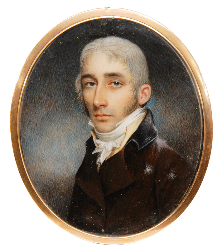 - A miniature "Portrait of Edward Prentis Henslowe in brown tailcoat and white nec A miniature "Portrait of Edward Prentis Henslowe in brown tailcoat and white nec