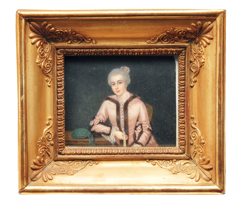 A miniature "Marie Charlotte de la Porte in a fur-trimmed dress"